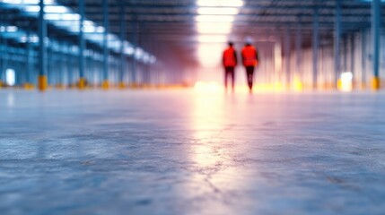 Fototapeta premium Workers walk in empty warehouse while inspecting the facility