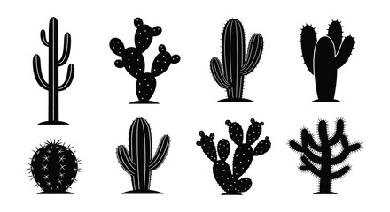 Stylized black silhouettes of various desert cacti and succulents © nurjahan