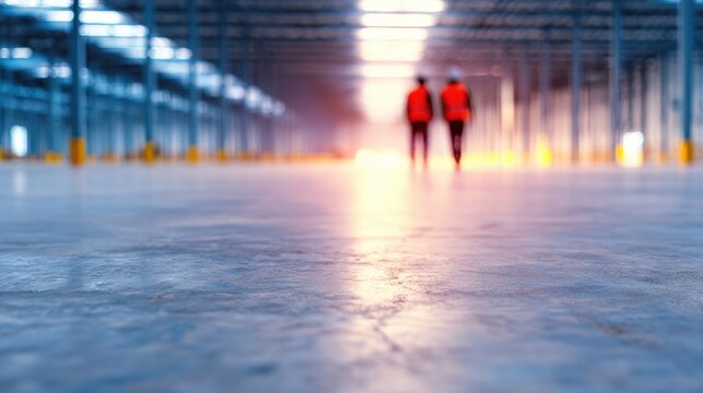 Workers walk in empty warehouse while inspecting the facility