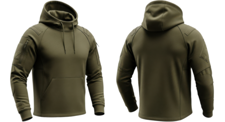 Olive green hooded sweatshirt mockup front and back views on transparent background