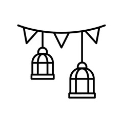 Hanging Lanterns and Bunting Flags Line Art Icon for Festival Decoration