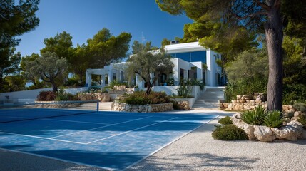 Beautiful villa with tennis court surrounded by trees in a sunny location