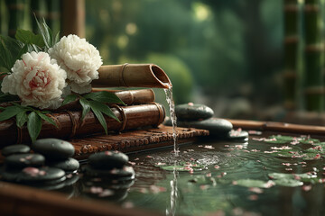 Zen spa scene with a bamboo water spout pouring clear water into a calm pond, smooth black stones, white flowers blooming beside green bamboo leaves, fresh green bokeh background