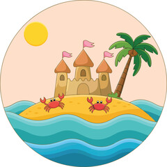 Cartoon Sandcastle on Tropical Island with Crabs and Palm Tree Vector Illustration