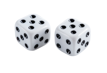 Two white, cubic dice with black pips are isolated on a solid black background
