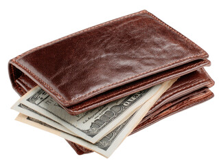 A close-up shot of a leather wallet, partially open, revealing several United States dollar bills