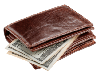 A close-up shot of a leather wallet, partially open, revealing several United States dollar bills