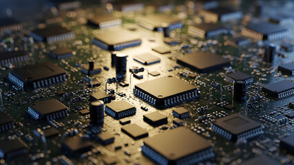 Detailed Circuit Board with Microchips and Green Glowing Data Points, Warm Light Effect