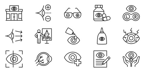 Comprehensive Eye Care and Ophthalmology Outline Icons Set Detailing Vision Health, Medical Procedures, and Optical Services for Modern Healthcare Designs