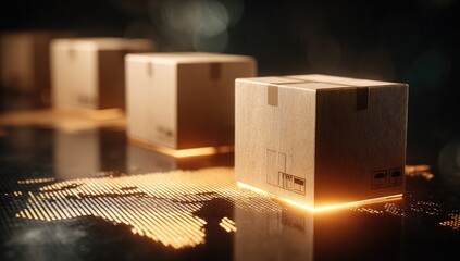 Four cardboard boxes in a row on a surface lit with orange glow, against a blurred background