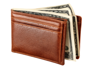 Close-up of a brown leather wallet partially filled with several US hundred dollar bills