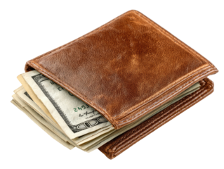 A close-up view of a brown leather wallet, stuffed with US currency, isolated on black
