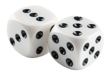 Two white dice with black dots, one showing a six and the other a five, against a black background