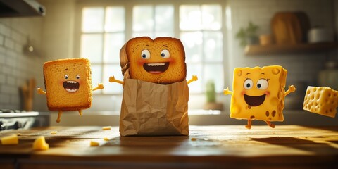 Funny cartoon toasts and cheese are celebrating in a kitchen