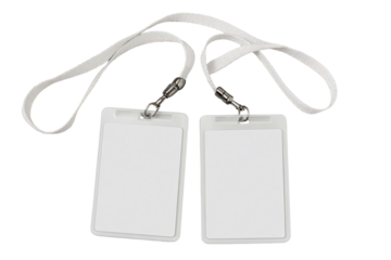 Two blank white identification badges on lanyards, ready for personalization and display