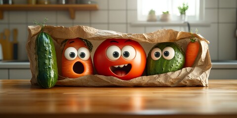 Funny vegetables hiding in grocery bag on kitchen table