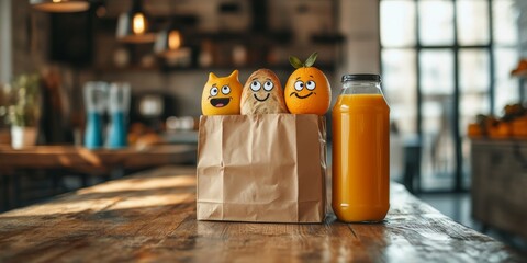 Funny fruits and bread having fun in a paper bag with orange juice
