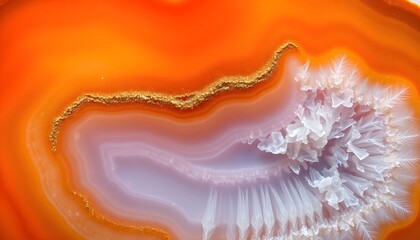 A vibrant orange geode slice with crystalline structures and layered patterns viewed from above.