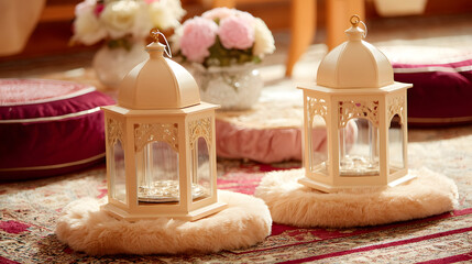 Warm colors enrich a spacious home living area prepared for Eid celebration