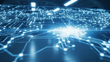 A mesmerizing abstract digital circuit board with glowing blue lines and interconnected nodes representing advanced technology artificial intelligence and global data networks illustrating the future. - Powered by Adobe