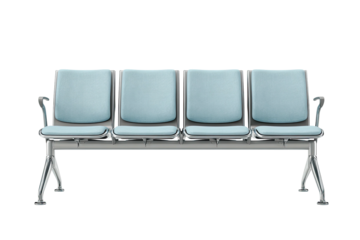 Four-seat bench with light blue padded seats and metallic frame. Ideal for public waiting areas