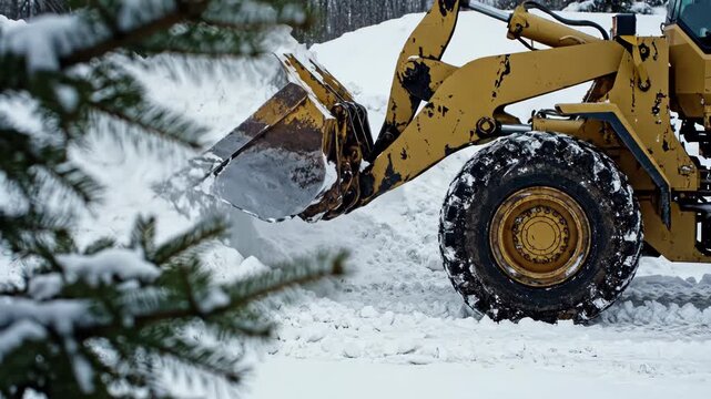 Heavy machinery front loader moving large amounts of snow during winter clearing operations with evergreen tree branches in the foreground