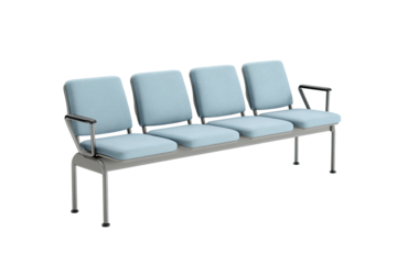 A four-seater bench with cushioned blue seats and metallic arms and legs against black