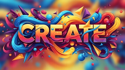 Colorful 3 D text create surrounded by swirling shapes and geometric figures 3D text