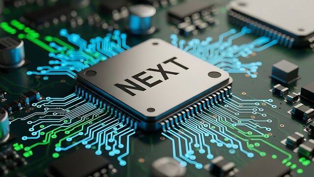 Close-up of computer chip with N E X T label on circuit board with blue and green wiring NEXT label microchip - Powered by Adobe