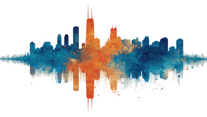 Silhouette city skyline merges with abstract color bursts, creating a vibrant visual effect