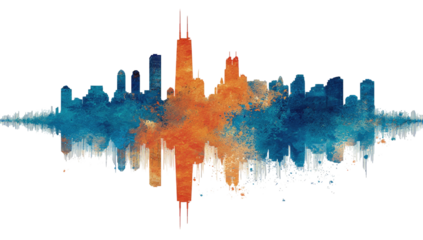 Silhouette city skyline merges with abstract color bursts, creating a vibrant visual effect