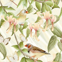 Spring garden blooming flowers with birds and butterflies watercolor seamless pattern. Honeysuckle blossom and finch songbirds on vine repeat background. Hedge with sunshine