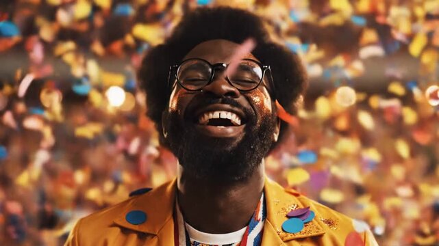 A joyful man laughing amidst colorful confetti celebrating a festive event with vibrant decorations