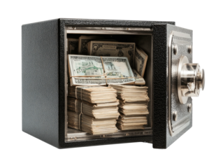 A black safe with the door ajar, overflowing with stacks of US currency