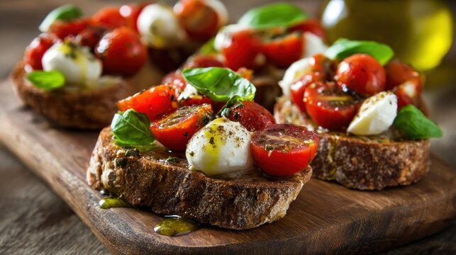 Delicious Tomato Bruschetta with Fresh Basil and Mozzarella on Rustic Bread