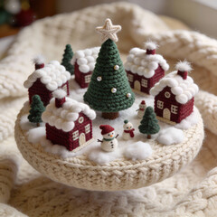 An isometric 3D Christmas town in knitting style, a cozy miniature with houses and a Christmas tree. For holiday advertising and brand campaigns.