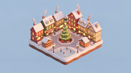 An isometric 3D Christmas town with a Christmas tree, skating rink, and marketplace. Vibrant holiday miniature for winter brand advertising campaigns and New Year offers.