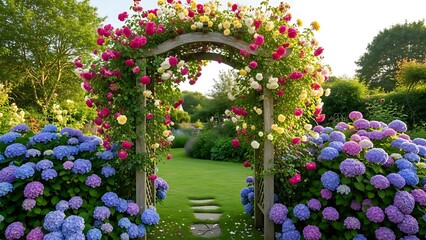 Colorful roses on wooden archway between hydrangea bushes in garden hydrangeas flowers