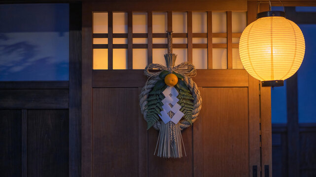 Japanese Shimekazari New Year wreath with citrus, pine and shide. For seasonal greeting, retail and hospitality branding.