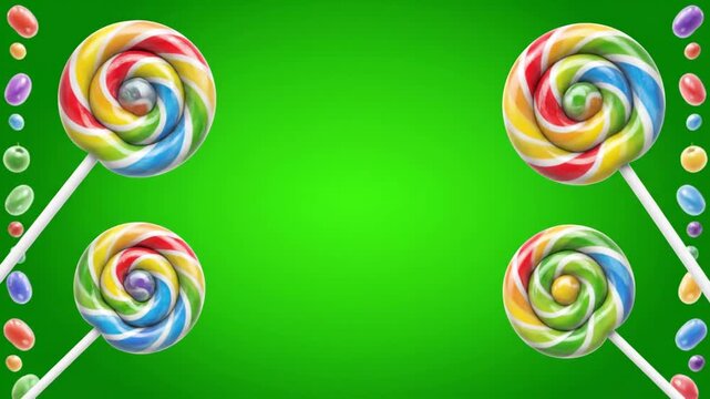 Colorful Swirl Lollipops and Candies Border on Green Background