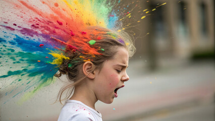 concept of mental health A child has her eyes closed and mouth open as bright colored powders explode around her