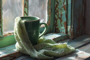 Green mug wrapped in a knitted scarf sits on a rustic windowsill by a frosted window, creating a cozy winter scene