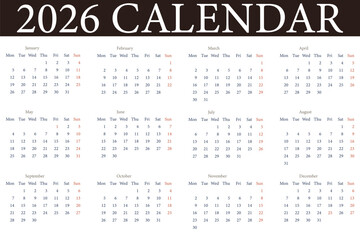 Planner calendar for 2026 english, Desk calendar 2026 template corporate desk calendar schedule monthly 12-page planner layout week starts on Monday.  schedule organizer template. Business personal 