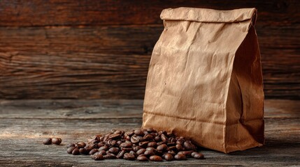 open brown paper bag on rustic wooden surface with coffee