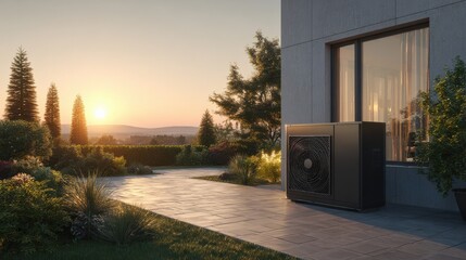 modern home air source heat pump unit installed outside a sleek contemporary house in a landscaped yard at sunset concept for renewable energy sustainable living and efficient heatingcooling