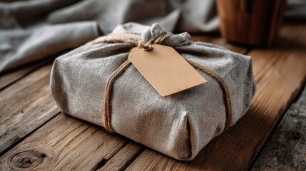 eco friendly gift wrapped in fabric with blank tag on wooden table