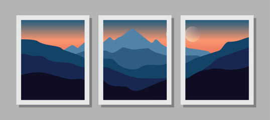 Vibrant mountain landscapes in white frames on gray background