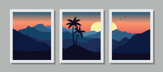 Vibrant tropical sunset over serene mountain landscape with palm trees
