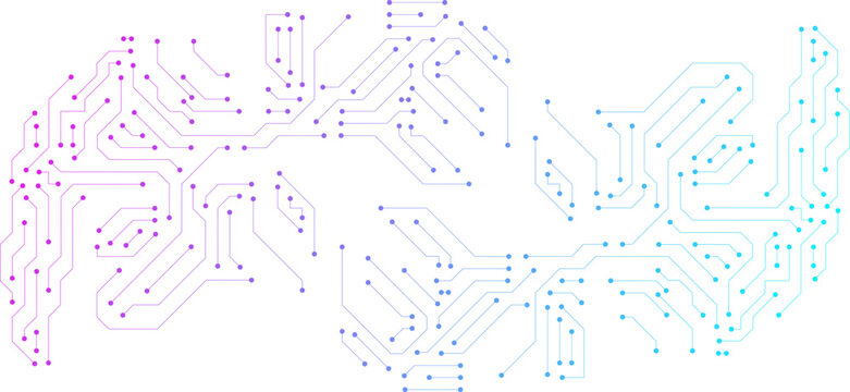 Abstract AI circuit board with electronics components for chipset, semiconductor, motherboard and processor isolated on transparent background