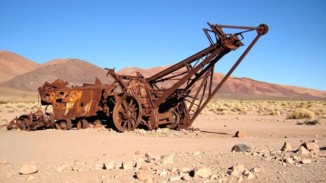 A weathered and rusty old mining machine rests in a vast desert landscape, with mountains in the background